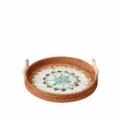 Rattan woven tray with wooden handles and shell mosaic bottom, decorative fruit basket snack plate. - Large (28cm Diameter)