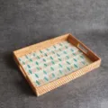 Handcrafted Rectangular Woven Rattan Storage Tray Detail View with Beautiful Shell Inlay Pattern - Square 28x38x5cm