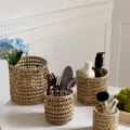 Panier de rangement en rotin naturel artisanal organisateur de bureau ensemble chic - Ensemble de 4 Pièces (180g)