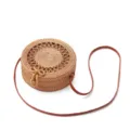 Round rattan shoulder bag with brown leather strap and cute bow, ideal for beach and summer. - Plain Grid