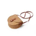 Woven rattan crossbody shoulder bag semi-circular vintage style with brown leather strap. - Leather Buckle