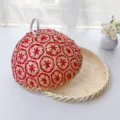 Cloche a plat en bambou artisanal anti poussiere anti mouche pour decoration de table - Couvercle 24cm + Plateau 26cm / Rouge