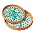 Nordic style round rattan tray with green shell mosaic design for home tea and fruit display. - Two-Piece Set / Natural Color