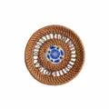 Handmade woven rattan coaster with blue and white porcelain center, heat insulation mat, 8cm. - Porcelain Insert Tea Coaster / 8cm