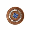 Handmade Woven Rattan Coaster with Blue and White Ceramic Center, Round Table Insulation Mat 10cm - Porcelain Insert Tea Coaster / 10cm