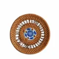 Handmade rattan woven coaster with blue and white porcelain center, round heat insulation tea mat. - Porcelain Insert Tea Coaster / 13cm