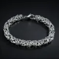 Detailed close-up of intricate Byzantine chain link silver bracelet for men fashion jewelry. - Hand-woven Style / Width 9mm-Length 18cm