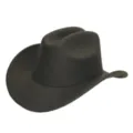 Gedetailleerd overzicht van de donkergrijze wollen vilt cowboyhoed met fijne textuur en gebogen rand. - Legergroen