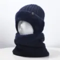 Winter warme gestrickte Mütze und Schal Set für Senioren, dickes Plüschfutter, dunkelblau. - Marineblau