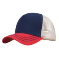 Gedetailleerd overzicht van de contrasterende trucker cap met voorpaneel en mesh rug. - Verstelbaar (56-58cm) / Dik Garen Fel Rood Marine en Beige Net
