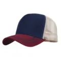 Gedetailleerd overzicht van de ademende mesh trucker honkbalpet met een stijlvol tweekleurig design. - Verstelbaar (56-58cm) / Dik Garen Bordeaux Marine en Beige Net