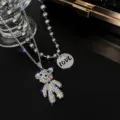 Double layer rhinestone bear pendant necklace chic hip-hop beaded chain collar jewelry - Layered Bear Sweater Chain Titanium Steel