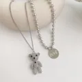 Double layer rhinestone bear necklace titanium steel beaded chain trendy women jewelry - Double Layer Rhinestone Bear