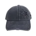 Vintage gewassen denim baseballcap met glinsterende ster patch en distressed rand voor dames. - M (56-58cm) / Zwart