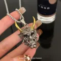 Golden horn hannya mask titanium steel necklace for men, hip hop cool punk pendant charm. - Gold Tone (60cm)