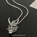 Japanese Hannya mask pendant necklace in titanium steel, hip-hop gothic punk style for men. - Silver (60cm)