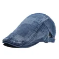Detail van de retro denim baret, vintage patchwork pet en platte pet voor dames en heren. - Eén Maat (56-60cm) / Donker denim