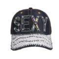 Schwarze Damen Jeans Baseball Cap mit Strass SEXY Buchstaben und glitzerndem Schirm. - M (56-58cm) / Sexy / Schwarz