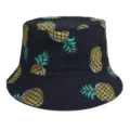 Black bucket hat with yellow and green pineapple print, casual summer sun hat for outdoor wear. - M (56-58cm) / 11#