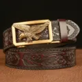 Men's vintage cowhide leather belt with artistic embossing and golden eagle buckle. - 110cm / Coffee With Gold Buckle
