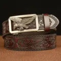 Men's vintage cowhide leather belt with exquisite embossed floral pattern and metal eagle buckle. - 110cm / Coffee With Silver Buckle