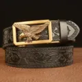 Men's leather automatic buckle belt featuring embossed floral patterns and an eagle metal buckle. - 110cm / Black Gold Clasp