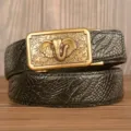 Men's leather belt featuring a metallic elephant automatic buckle and stylish textured strap. - Black Crocodile Claw Pattern Gold Buckle / 120cm