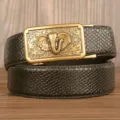 Men's genuine leather belt with automatic elephant buckle and stylish snakeskin texture design. - Black Snakeskin Pattern Gold Buckle