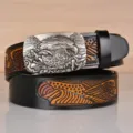 Men's leather belt featuring a detailed metal eagle buckle and embossed vintage strap design. - 4018 Black Eagle Silver Buckle / 110cm