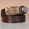 Men vintage cowhide leather belt with exquisite 3D embossed eagle automatic buckle for casual wear - 4018 Coffee Eagle Bronze Buckle / 110cm