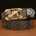 Vintage dragon automatic buckle men's leather belt with ethnic embossed cowhide design. - 110cm / Black Gold Dragon