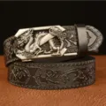 Men vintage dragon automatic buckle leather belt ethnic carved casual cowhide trouser strap - 110cm / Black Silver Dragon