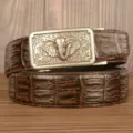 Men's automatic buckle leather belt, embossed elephant metal buckle, brown crocodile pattern. - Brown Crocodile Pattern Silver Buckle / 120cm