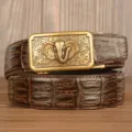 Men's automatic buckle leather belt with vintage elephant metal design for business casual wear. - Brown Crocodile Pattern Gold Buckle / 120cm