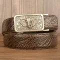 Mens genuine leather belt with metallic elephant buckle and textured snake crocodile pattern. - Brown Crocodile Claw Pattern Silver Buckle