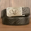 Men's automatic buckle leather belt with vintage elephant metal buckle and textured leather strap. - Black Crocodile Claw Pattern Silver Buckle