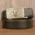 Men automatic buckle leather belt with elephant relief and snakeskin texture for casual business. - Black Snakeskin Pattern Silver Buckle