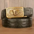 Men's genuine leather automatic buckle belt with embossed crocodile pattern and elephant head metal buckle. - Black Crocodile Pattern Gold Buckle