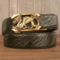 Men's leather belt with retro gold dragon automatic buckle and black top layer cowhide strap. - Black Crocodile Claw Pattern Z Dragon Gold Buckle