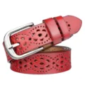 Women red leather belt hollow out casual pin buckle waist belt stylish decorative strap - 105cm / Red