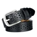 Women black leather belt with hollow floral pattern and silver pin buckle accessory - 105cm / Black