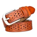 Women leather belt casual cutout cowhide fashion metal pin buckle trousers decorative - 105cm / Brown