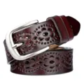 Women genuine leather casual hollow-out waist belt with stylish silver pin buckle for daily wear - Coffee