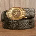 Men's retro dragon buckle leather belt automatic top layer cowhide business casual trousers - Black Crocodile Claw Pattern Oval Dragon Head Gold Buckle / 120cm