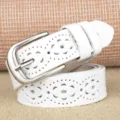 White leather belt for women, casual hollow floral design with silver pin buckle. - 105cm / White
