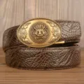 Men casual retro leather belt dragon metal buckle top layer cowhide business waist belt - Coffee Crocodile Claw Pattern Oval Dragon Head Gold Buckle / 120cm