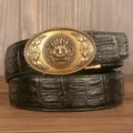 Men's vintage automatic buckle leather belt with embossed dragon head design rolled up. - Black Crocodile Pattern Oval Dragon Head Gold Buckle / 120cm