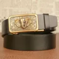 Men's black leather belt featuring a stylish metal automatic buckle with elephant relief design. - 110cm / Black Bronze Buckle