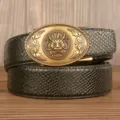 Mens vintage automatic buckle cowhide leather belt featuring a detailed dragon design. - Black Snakeskin Pattern Oval Dragon Head Gold Buckle / 120cm