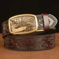 Men's vintage embossed leather belt with automatic eagle buckle, stylish casual design. - Brown Gold Eagle Buckle / 110cm